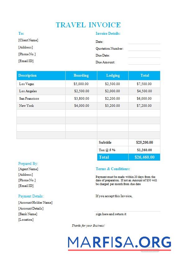 Downloadable Free Travel Invoice Format Template